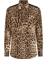 Мужская светло-коричневая рубашка с длинным рукавом с леопардовым принтом от Dolce & Gabbana