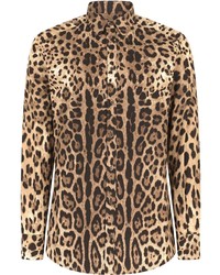 Мужская светло-коричневая рубашка с длинным рукавом с леопардовым принтом от Dolce & Gabbana
