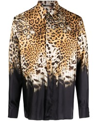 Мужская светло-коричневая рубашка с длинным рукавом с леопардовым принтом от Roberto Cavalli