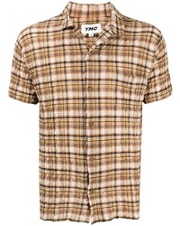 Мужская светло-коричневая рубашка с коротким рукавом в шотландскую клетку от YMC