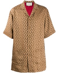 Мужская светло-коричневая рубашка с коротким рукавом с принтом от Gucci