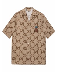 Мужская светло-коричневая рубашка с коротким рукавом с принтом от Gucci