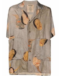 Мужская светло-коричневая рубашка с коротким рукавом с принтом от Uma Wang