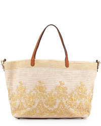 Светло-коричневая соломенная большая сумка с цветочным принтом