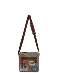 Светло-коричневая сумка почтальона из плотной ткани с вышивкой от Gucci