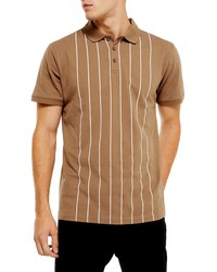 Светло-коричневая футболка-поло в вертикальную полоску