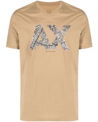 Светло-коричневая футболка с v-образным вырезом с принтом