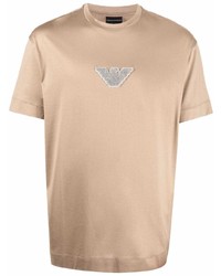 Мужская светло-коричневая футболка с круглым вырезом с вышивкой от Emporio Armani