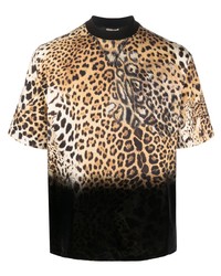 Мужская светло-коричневая футболка с круглым вырезом с леопардовым принтом от Roberto Cavalli