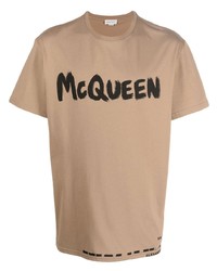 Мужская светло-коричневая футболка с круглым вырезом с принтом от Alexander McQueen