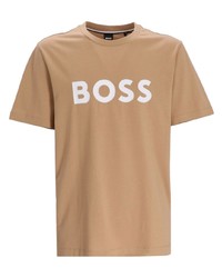 Мужская светло-коричневая футболка с круглым вырезом с принтом от BOSS
