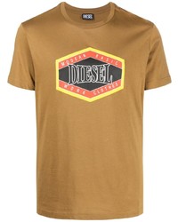 Мужская светло-коричневая футболка с круглым вырезом с принтом от Diesel