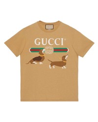 Мужская светло-коричневая футболка с круглым вырезом с принтом от Gucci