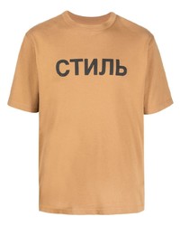 Мужская светло-коричневая футболка с круглым вырезом с принтом от Heron Preston