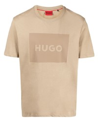 Мужская светло-коричневая футболка с круглым вырезом с принтом от Hugo