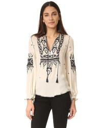 Светло-коричневая шелковая блузка с вышивкой от Haute Hippie