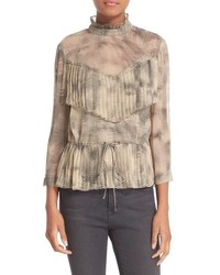 Светло-коричневая шелковая блузка с рюшами