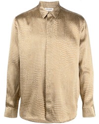 Мужская светло-коричневая шелковая рубашка с длинным рукавом в горошек от Saint Laurent
