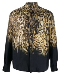 Мужская светло-коричневая шелковая рубашка с длинным рукавом с леопардовым принтом от Roberto Cavalli