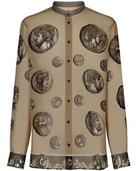 Мужская светло-коричневая шелковая рубашка с длинным рукавом с принтом от Dolce & Gabbana