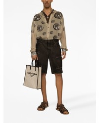 Мужская светло-коричневая шелковая рубашка с длинным рукавом с принтом от Dolce & Gabbana