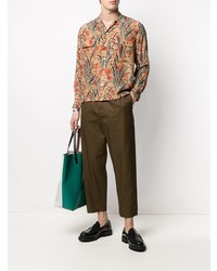 Мужская светло-коричневая шелковая рубашка с длинным рукавом с цветочным принтом от Bode