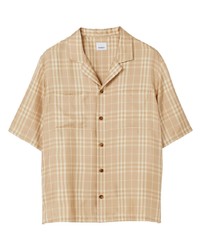 Светло-коричневая шелковая рубашка с коротким рукавом в клетку