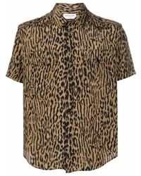 Мужская светло-коричневая шелковая рубашка с коротким рукавом с леопардовым принтом от Saint Laurent