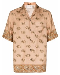 Светло-коричневая шелковая рубашка с коротким рукавом с "огурцами"
