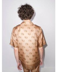 Мужская светло-коричневая шелковая рубашка с коротким рукавом с "огурцами" от Nanushka