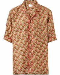 Мужская светло-коричневая шелковая рубашка с коротким рукавом с принтом от Burberry