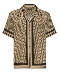 Мужская светло-коричневая шелковая рубашка с коротким рукавом с принтом от Dolce & Gabbana