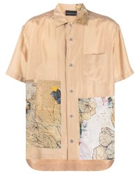 Мужская светло-коричневая шелковая рубашка с коротким рукавом с принтом от Emporio Armani