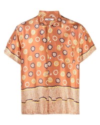 Мужская светло-коричневая шелковая рубашка с коротким рукавом с цветочным принтом от Bode