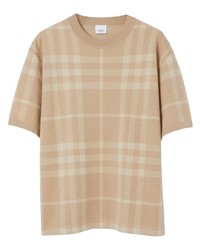Светло-коричневая шелковая футболка с круглым вырезом в шотландскую клетку