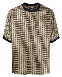 Мужская светло-коричневая шелковая футболка с круглым вырезом с принтом от Fendi