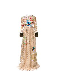 Светло-коричневое вечернее платье из фатина с цветочным принтом от Gucci