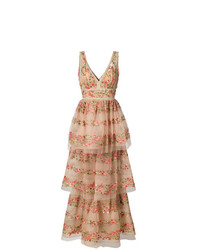 Светло-коричневое вечернее платье с цветочным принтом от Marchesa Notte