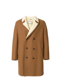 Светло-коричневое длинное пальто с вышивкой