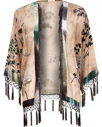 Светло-коричневое кимоно с цветочным принтом