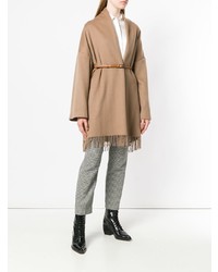 Светло-коричневое пальто-накидка c бахромой от Salvatore Ferragamo