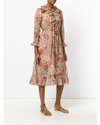 Светло-коричневое платье-миди с цветочным принтом от Zimmermann