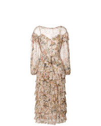 Светло-коричневое платье-миди с цветочным принтом от Zimmermann