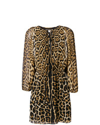 Светло-коричневое платье прямого кроя с леопардовым принтом от Saint Laurent