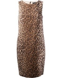 Светло-коричневое шерстяное платье-футляр с леопардовым принтом от Dolce & Gabbana