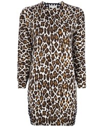 Светло-коричневое шерстяное платье-футляр с леопардовым принтом от Stella McCartney