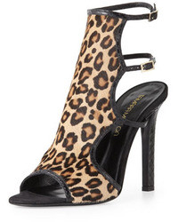 Светло-коричневые замшевые босоножки на каблуке с леопардовым принтом