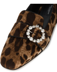 Женские светло-коричневые замшевые лоферы с леопардовым принтом от Dolce & Gabbana