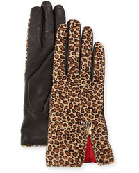 Светло-коричневые замшевые перчатки с леопардовым принтом