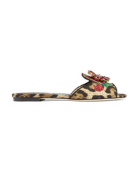 Светло-коричневые замшевые сандалии на плоской подошве с леопардовым принтом от Dolce & Gabbana